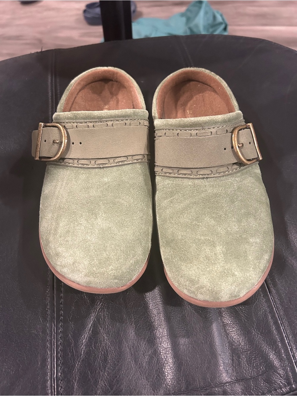 REVITALIGN Olive Green Suede Buckle Clog Mules